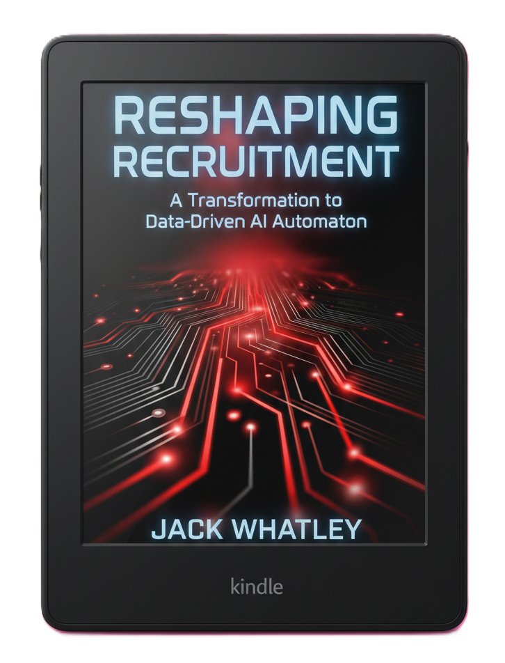 Reshaping Recruitment ebook cover by Jack Whatley - AI-powered recruitment automation guide with red circuit board design